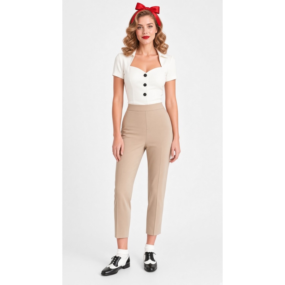VTG 50s Rockabilly Dress Pants Women 6 Pull On Tapered Crop Cigarette Beige Tan